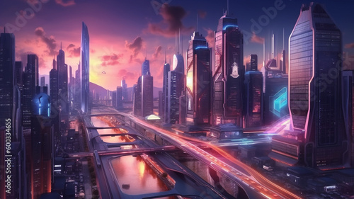 A futuristic cityscape  with towering skyscrapers and sleek  high-tech vehicles weaving through the streets. generative ai.