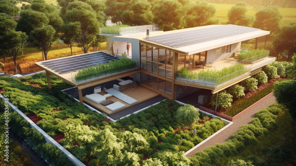 a modern eco-friendly house surrounded by a garden, with solar panels on the roof. sustainable living concept. generative ai.