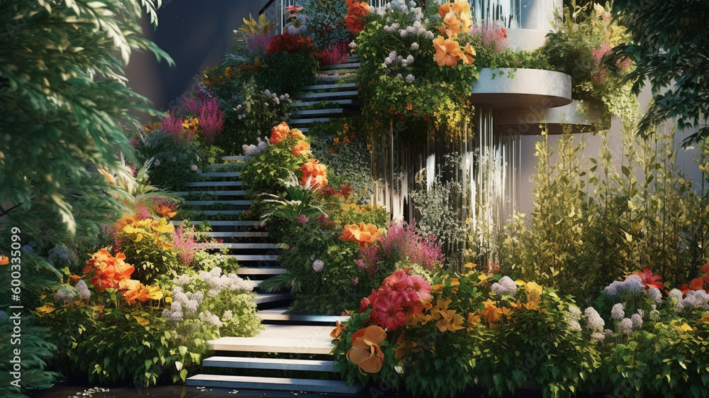 modern urban garden, with green plants and colorful flowers growing in a metal structure that is part of a skyscraper. generative ai