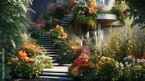 modern urban garden, with green plants and colorful flowers growing in a metal structure that is part of a skyscraper. generative ai © Strabiliante
