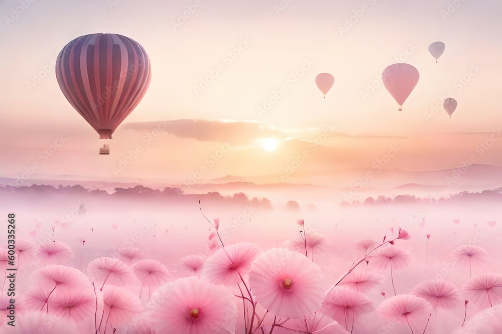 Obraz premium Heißluftballons - surreale, abstrakte und moderne ansprechende Illustration, Soft Farben, verwaschene Hintergründe
