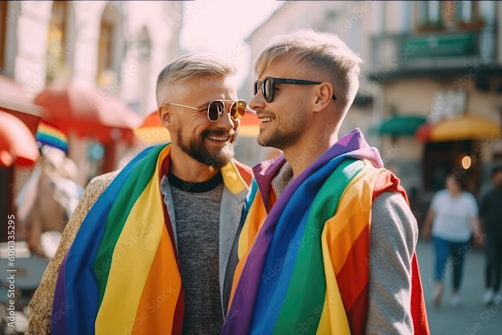 Happy men couple with LGBT Rainbow Flag on the city street background. Parade. Generated Ai