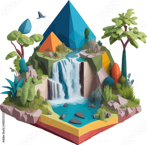 A vibrant 3D pyramid-shaped colorful realistic illustration painting of a sustainable ecosystem, featuring waterfall, a variety of plants, and rocks in a bright white background