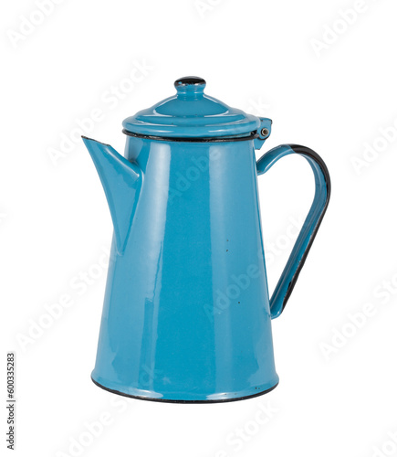 Blue metal jug. Item, old, used. On a transparent background.