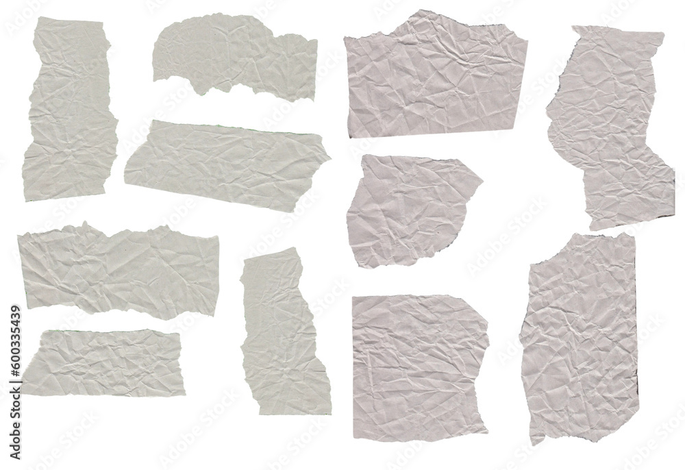 collection of ripped pieces of craft paper on on white background.