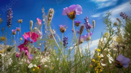 Summer Yellow Sunflowers, daisy flowers and knapweeds flowers Border surrounding on a blue Cloud sky, Highlighting the Soft and Selective Elements of Flower Border Art. Generative ai