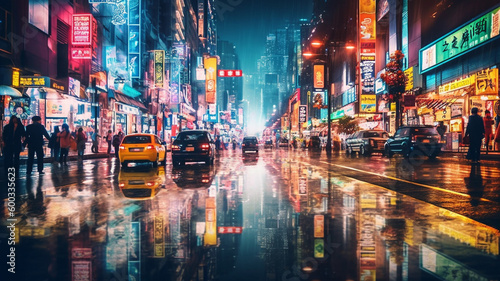 A bustling city street at night, with bright lights and tall buildings, reflecting on the wet pavement, people in colorful clothes and umbrellas walking by. generative ai. © Strabiliante