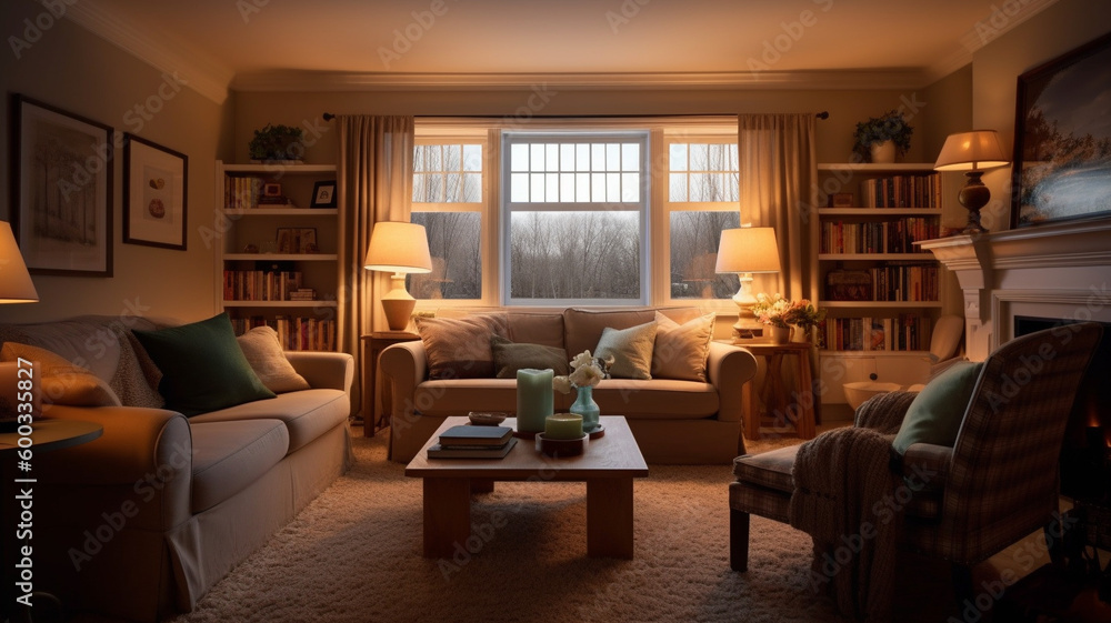Fototapeta premium A cozy living room, with warm lighting and comfortable furnishings. stack of books on a side table or a vase of flowers on the mantel. generative ai.