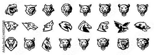 Monochrome set of sport logos animal mascots. Black white collection of mascots for sports clubs and teams. Bear, fox, wolf, tiger, lion, panther, puma, cougar, leopard, lynx, horse, hawk, dinosaur