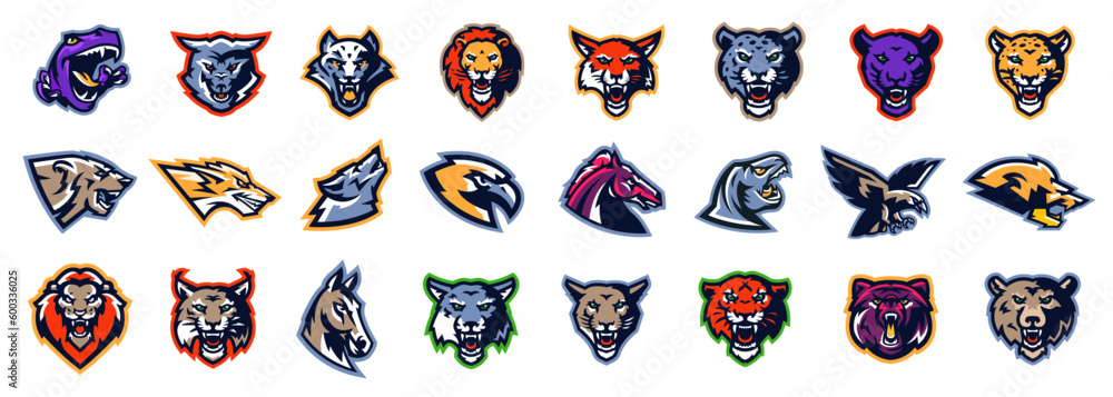 Set of sport logos animal mascots. Colorful large collection of mascots for sports clubs and teams. Bear, fox, wolf, tiger, lion, panther, puma, cougar, leopard, lynx, horse, hawk, eagle, dinosaur