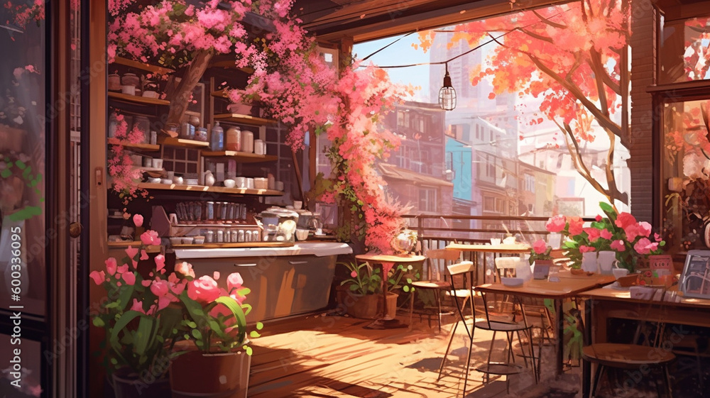 An illustration of a cozy coffee shop in spring, with blooming flowers. generative ai. 