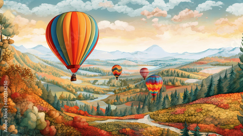 A digital illustration of a hot air balloon soaring over a colorful landscape of rolling hills and forests. generative ai.