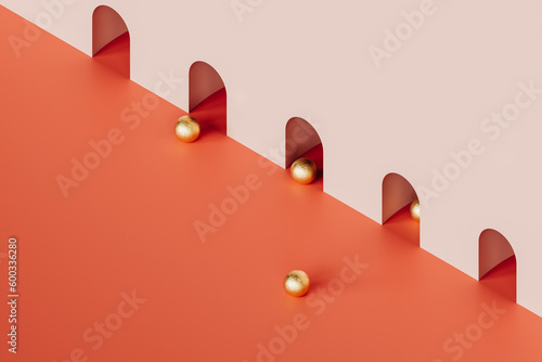 3D render of golden spheres emerging from pink tunnels