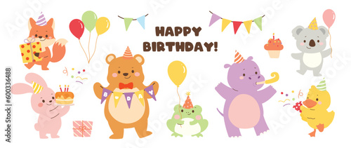 Happy birthday concept animal vector set. Collection of adorable wildlife, hippo, fox, rabbit. Birthday party funny animal character illustration for greeting card, invitation, kid, education, prints.