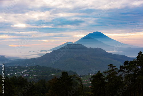 Mountain landscape on Bali  Indonesia. Volcanos Batur and Agung on sunrise