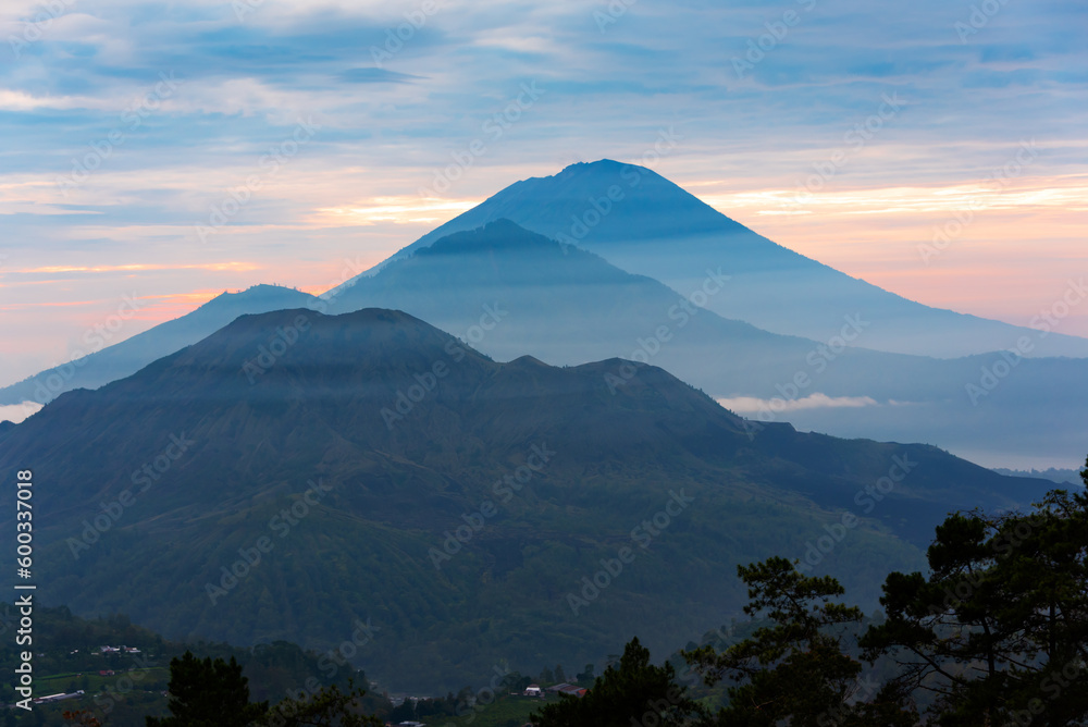 Mountain landscape on Bali, Indonesia. Volcanos Batur and Agung on sunrise