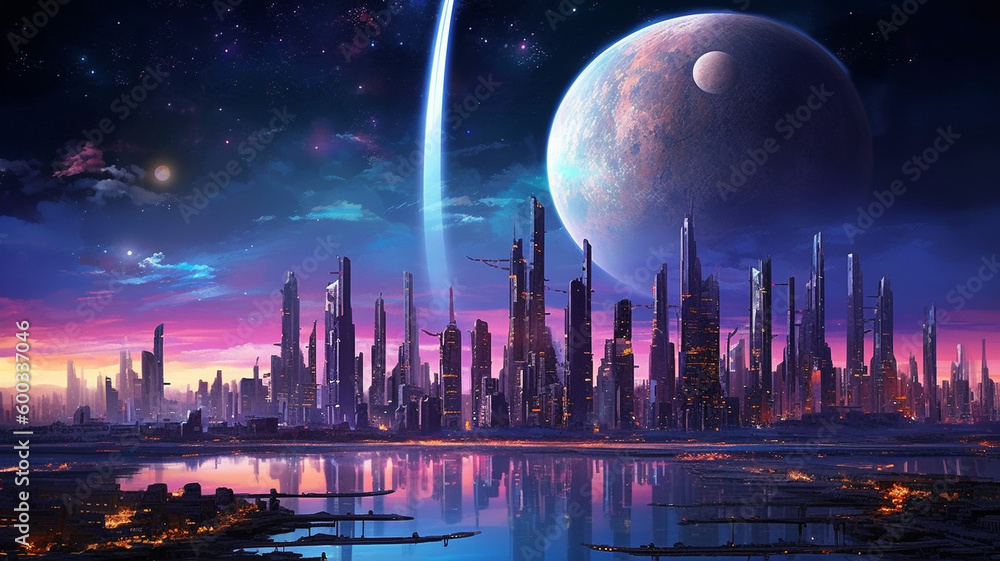 A futuristic metropolis skyline, with towering skyscrapers and neon lights illuminating the night sky. The city is set against a starry background, with a massive moon. generative ai.
