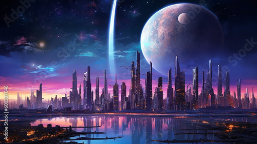 A futuristic metropolis skyline, with towering skyscrapers and neon lights illuminating the night sky. The city is set against a starry background, with a massive moon. generative ai.
