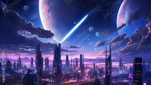 A futuristic metropolis skyline  with towering skyscrapers and neon lights illuminating the night sky. The city is set against a starry background  with a massive moon. generative ai.