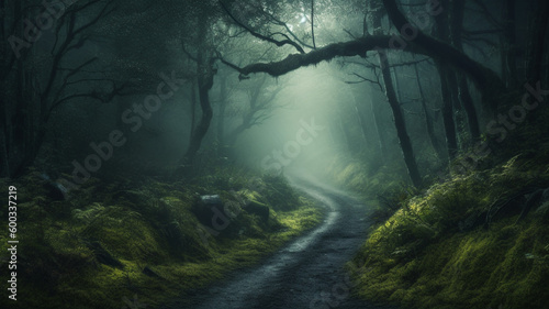 A misty forest with a winding path leading into the unknown, with trees looming over the path and a faint light shining in the distance. generative ai. © Strabiliante