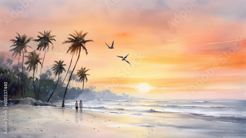 A peaceful beach sunset with a couple walking along the shore  seagulls flying in the background. generative ai.