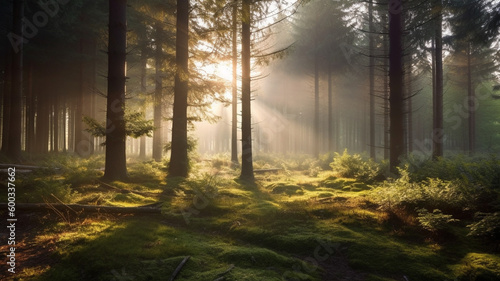 A misty forest in the early morning  with rays of sunlight filtering through the trees  peaceful concept. generativa ai.