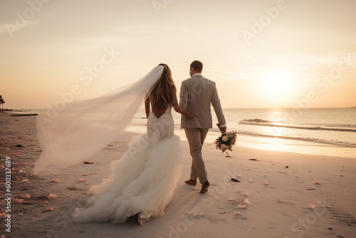 Wedding couple on their wedding day walking on the beach at sunset. Generate by ai