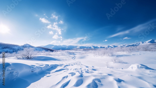 a mountain landscape covered in fresh snow, with a bright blue sky in the background. generative ai.