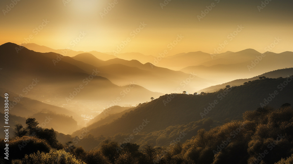 aerial shot of a mountain range during sunrise, with a golden glow emanating from behind the peaks. generative ai.