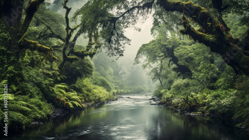 winding river surrounded by lush green trees in the spring  with a misty fog rising from the water. generative ai.