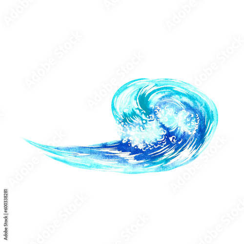 Sea wave, blue, turquoise, isolated on white background. Watercolor hand drawn illustration. Designed for flyers, banners, postcards. For invitations, posters, labels and packaging, stickers, prints.