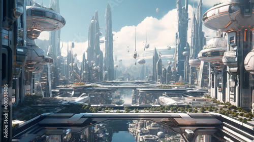 A sci-fi cityscape with futuristic skyscrapers and flying cars. generative ai. © Strabiliante