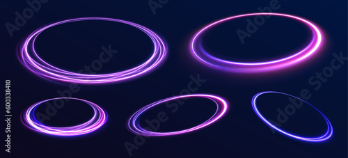 Curve blue line light effect. Abstract ring background with glowing swirling background. Energy flow tunnel. Blue portal, platform.