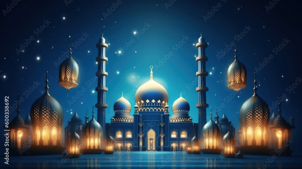 Islamic holiday Ramadan kareem event background, decorate with Arabic lantern, moon, crescent, and mosque dome. Generative AI.