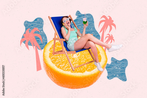 Canvas Print Creative abstract template graphics collage image of smiling lady sunbathing tal