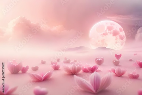 Surreale Landschaft in softfarbenen Rosatönen, rosa Blumen im Vordergrund, großer Vollmond im Hintergrund