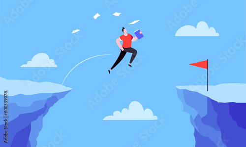 Businessman jumps over the abyss across the cliff flat style design vector illustration. Business concept of fearless businessman with huge courage. Risk, goal achievement, work obstacles and success.