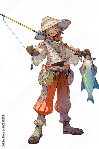 漁師(釣り人)の男性キャラクターの全身イラスト(AI generated image)