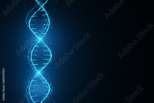 Innovation  science and genetics concept with bright digital DNA molecule neon style on abstract dark blue background with empty place for your logo. 3D rendering  mockup