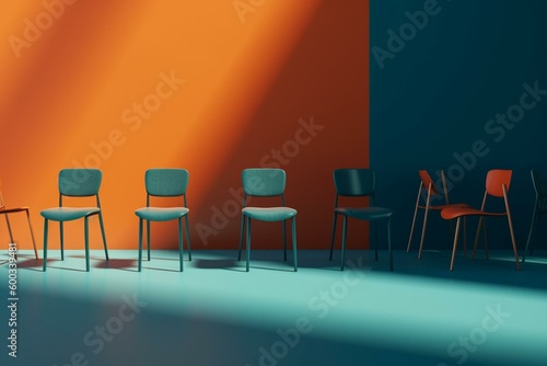 Colorful chair among simple orange chairs on blue background with minimalism concept. Digital illustration. 3D rendering mockup. Generative AI