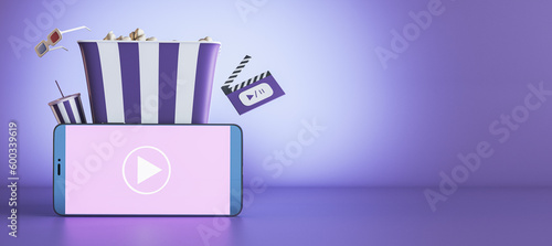 Creative purple online movie theater background with wide mock up place, smartphone, pop corn and other items. Multimedia application service. 3D Rendering.
