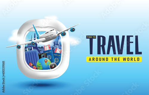 Creative Time to Travel 3D Realistic Design Plane Window with Luggage and Globe together with Passports and Travel Pass with Landmarks and Airplane on the Clouds. Vector Illustration