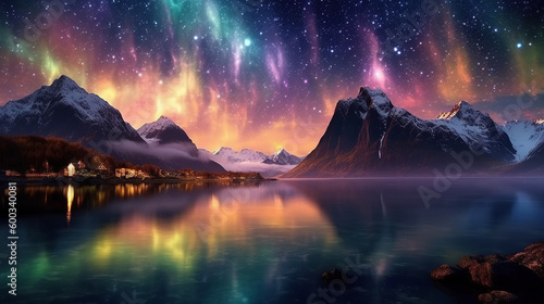 night starry sky with the aurora borealis and stars above the lake water on the background of mountains. Generative AI illustration
