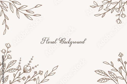 Rustic floral background with hand drawn leaves and flower border on pastel flat color for wedding invitation or engagement or greeting card