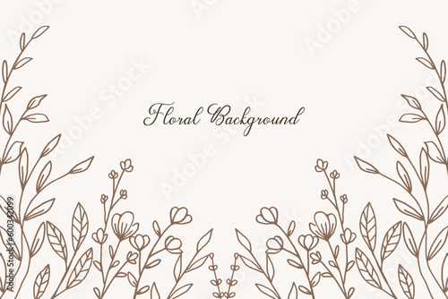 Rustic floral background with hand drawn leaves and flower border on pastel flat color for wedding invitation or engagement or greeting card