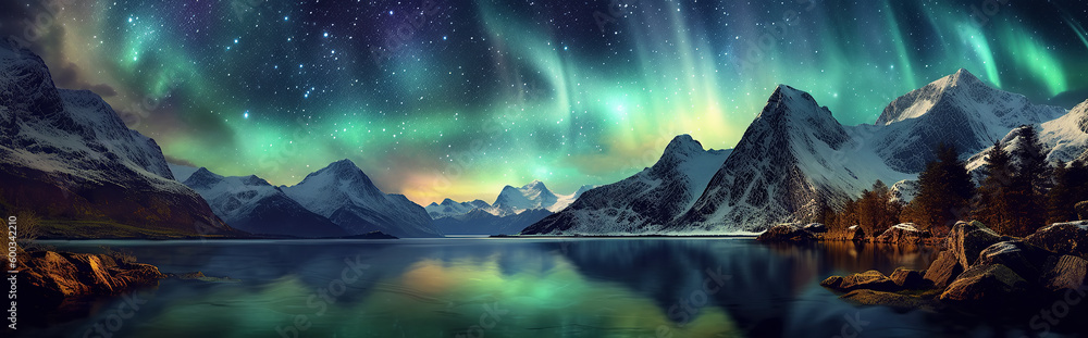 panorama with the northern lights in the night starry sky against the background of mountains and lakes. Generative AI illustration