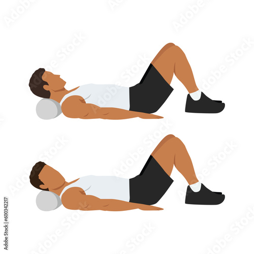 Man doing foam roller neck release exercise. Flat vector illustration isolated on white background