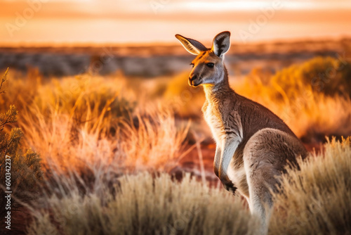 An Australian kangaroo in the outback of Australia at sunset, created with generative AI.