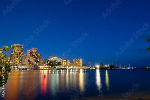 Waikiki Skyline at Night with Reflections on the Water