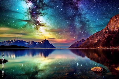 colorful northern lights in the night starry sky with stars over the lake and mountains. Generative AI illustration